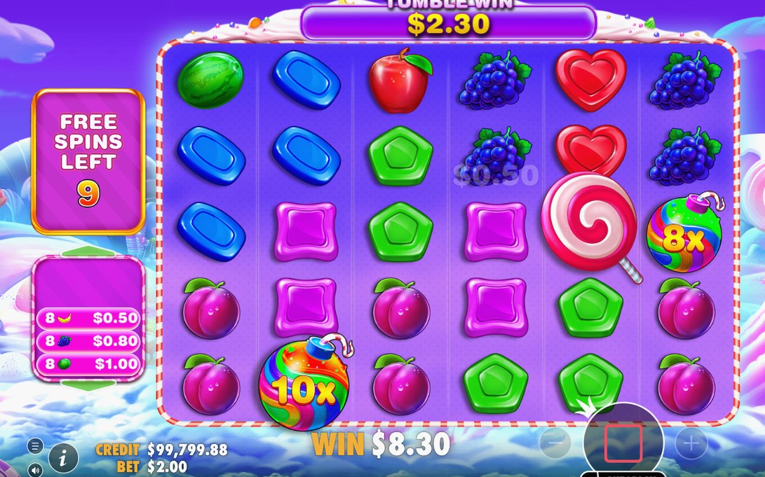 Free Spins läuft: Raster mit Gewinnsymbolen und Multiplikatoren